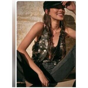 NWOT Free People heavy silver Black Sequin Vest